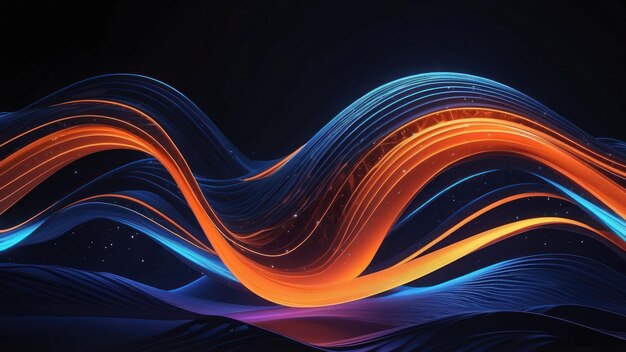 Indigo and bright orange futuristic virtual reality waves in a digital abstract landscape