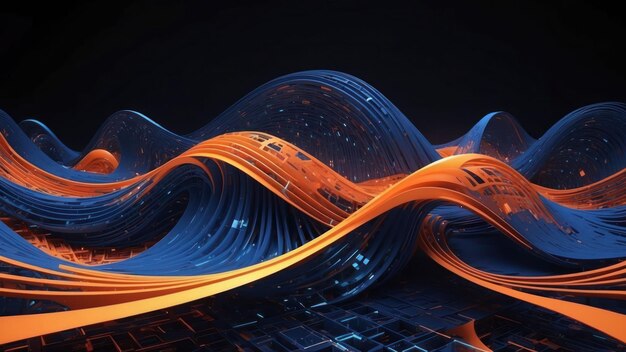 Indigo and bright orange futuristic virtual reality waves in a digital abstract landscape