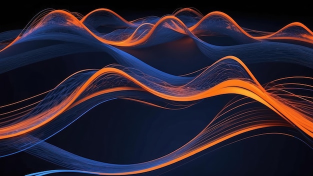 Photo indigo and bright orange futuristic virtual reality waves in a digital abstract landscape