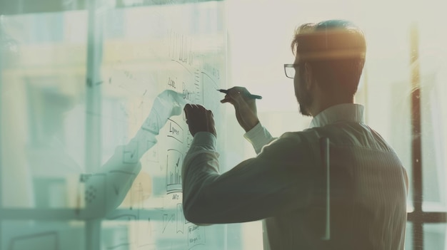 Photo an individual in a bright office writes detailed plans on a glass wall using a marker suggesting strategic thinking and planning