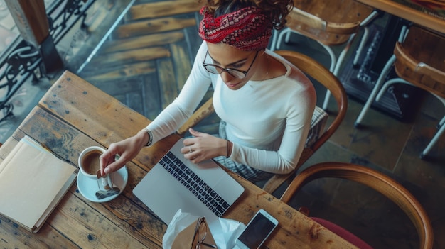 Photo an individual in a casual setting is working on a laptop with a cup of coffee and a smartphone on a wooden table