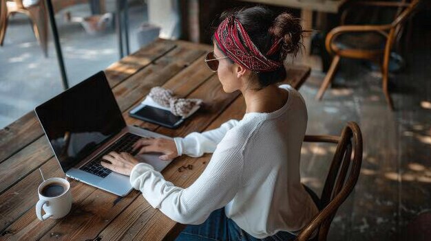 An individual in a casual setting is working on a laptop with a cup of coffee and a smartphone on a wooden table