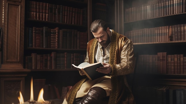 Individual Enjoying Book in Luxurious Library