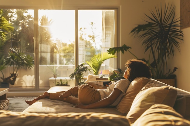 Photo individual enjoying a relaxed afternoon in a chic modern apartment highlighting a contemporary and cozy environment