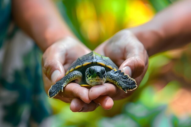 Photo individual gently cradles tiny turtle in hands