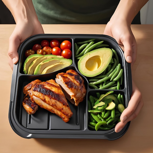 Individual holding a plastic dark holder box with sound wellness food including white meat new gr