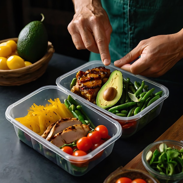 Individual holding a plastic dark holder box with sound wellness food including white meat new gr