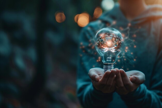 Individual holds a light bulb with an illuminated brain