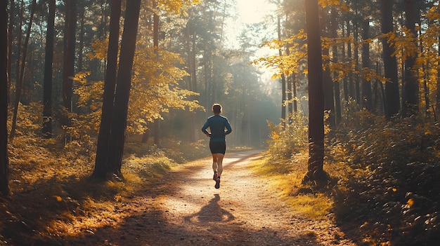 An individual jogging on a trail in the forest health and fitness concept natural setting