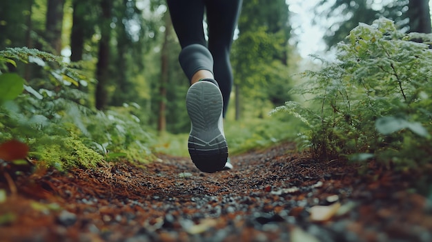 An individual jogging on a trail in the forest health and fitness concept natural setting