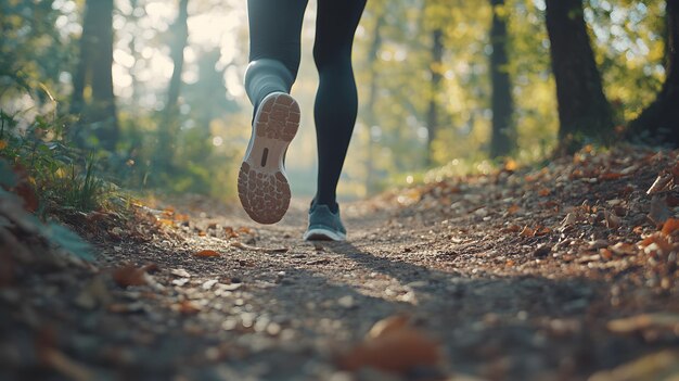 An individual jogging on a trail in the forest health and fitness concept natural setting