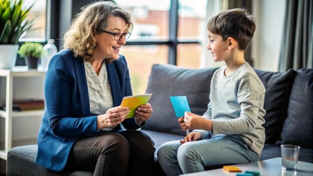 Photo an individual practicing speech therapy sitting with a therapist and holding flashcards