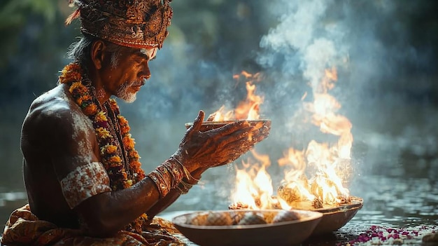 Individual in Religious Attire Performing Cultural Ritual