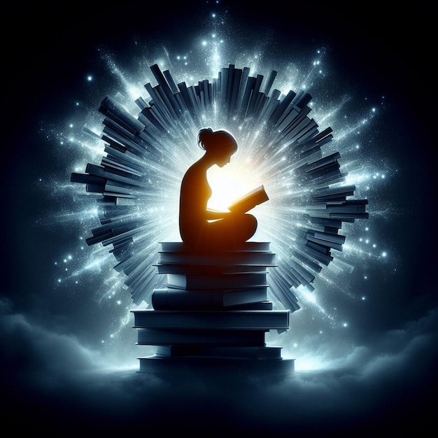 An individual seated on a stack of books while reading