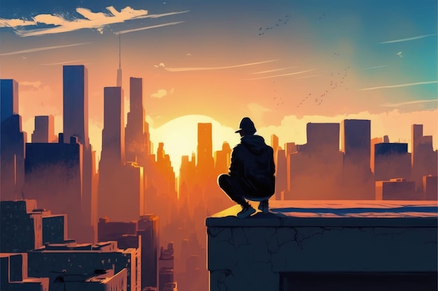 Individual sitting atop city rooftop and watching sunrise Fantasy concept Illustration painting Generative AI