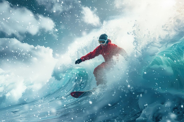 Individual Snowboarding Through a Snowy Wave in Winter Wonderland