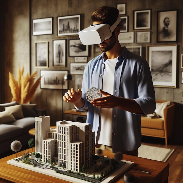 Photo an individual wearing a white vr headset interacting with a scale model of a building