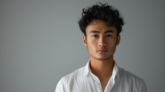 An individual in a white shirt on a background of gray