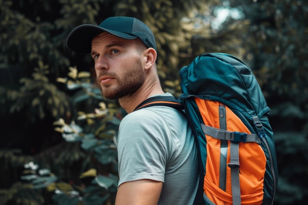 Individual with backpack trekking through a forest trail