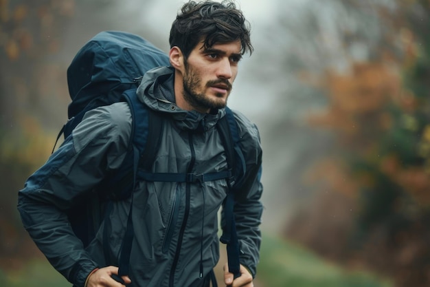 Individual with backpack trekking through a forest trail