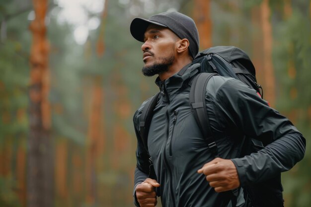 Individual with backpack trekking through a forest trail