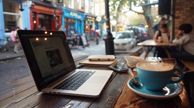 An individual working from a quaint cafe their laptop open amidst a steaming cup of coffee and notebooks blending the lines between work and leisure