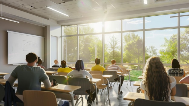 Individuals in a modern sunlit classroom attentively follow a lecture surrounded by expansive windows that offer views of lush greenery