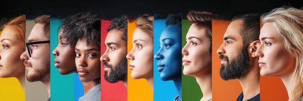 Photo individuals with diverse backgrounds are divided by a strong line illustrating themes of bias and social separation through vibrant colors generative ai