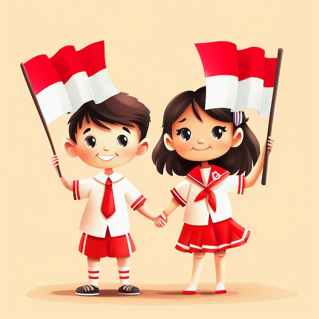 Indonesia elementary kids student wearing uniform and carrying a flag cartoon character