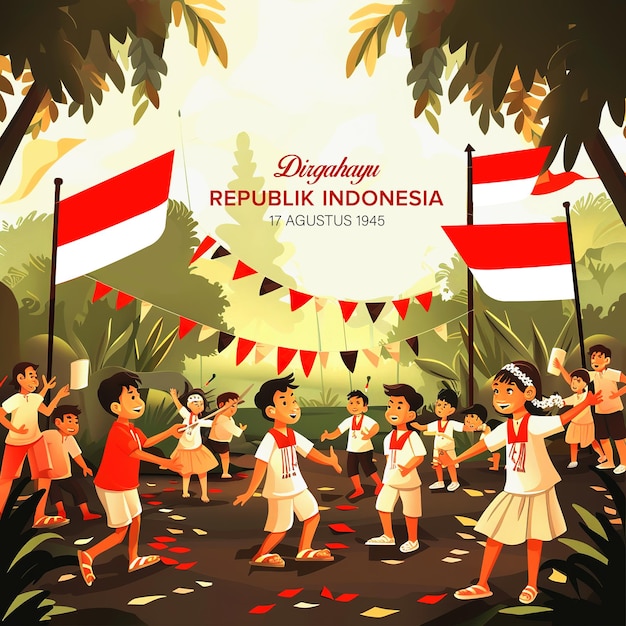 Indonesia elementary kids student wearing uniform and carrying a flag Indonesian independence day