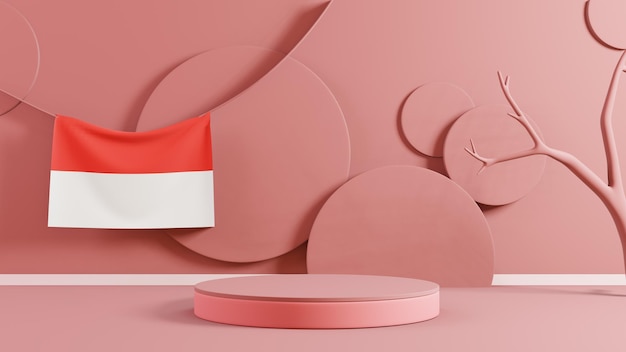 Indonesia flag with product podium and tree 3D rendering as indonesian independence day concept