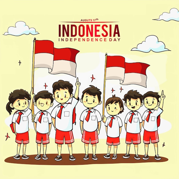 Indonesia independence day with elementary kids student wearing uniform and carrying a flag