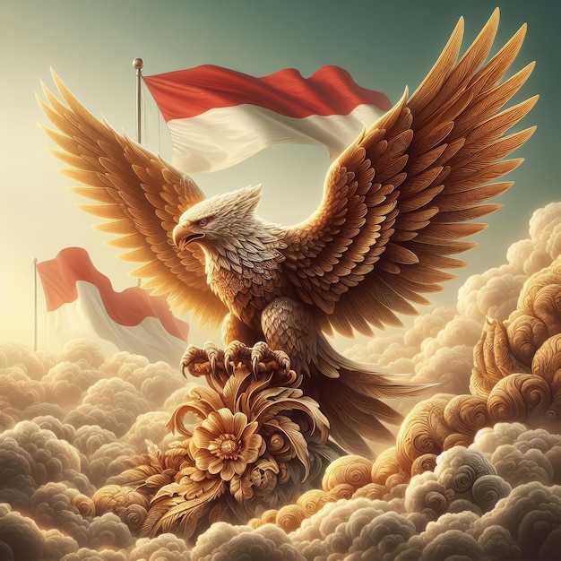 Photo indonesia independence day with indonesian flag and garuda in the sky