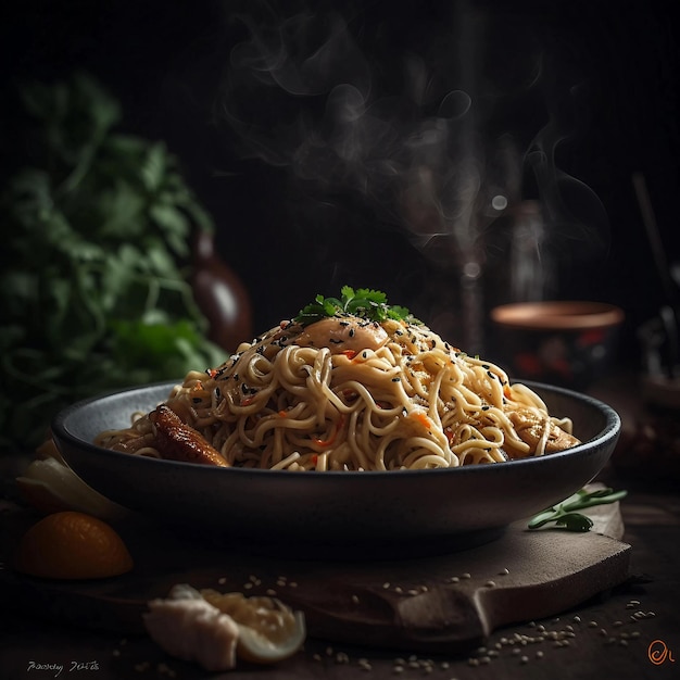 Indonesian chicken noodles A bowl of noodles with a green leaf on the side