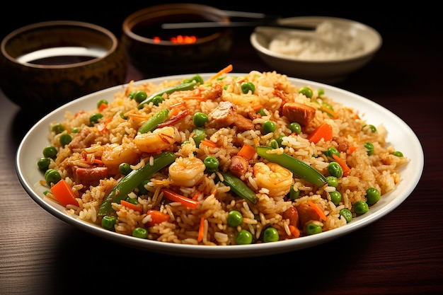 Indonesian Food of Special Fried Rice with Peas Served in a White Plate