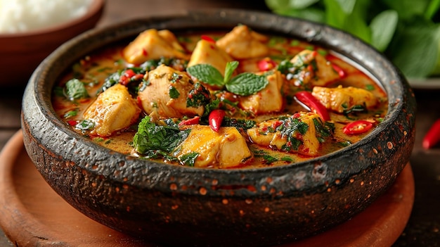 Indonesian Gulai Ayam chicken curry in a traditional clay pot