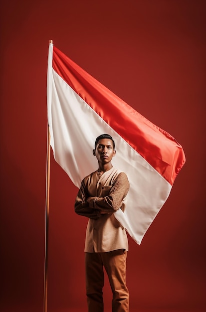 Indonesian Man Holding and Waving indonesia Flag