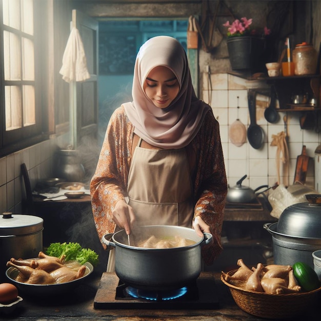 Indonesian Muslim woman cooking Eid food