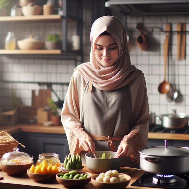 Indonesian Muslim woman cooking Eid food