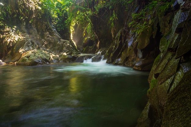 Indonesian natural scenery with a beautiful waterfall in the middle of a tropical forest