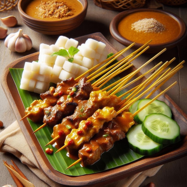 Indonesian satay skewered grilled meat with peanut sauce cucumber and ketupat