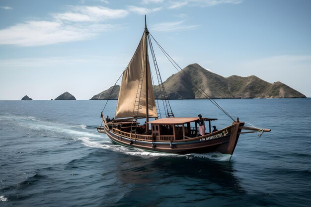 Indonesian traditional pinishi boat sailing on the ocean generative ai