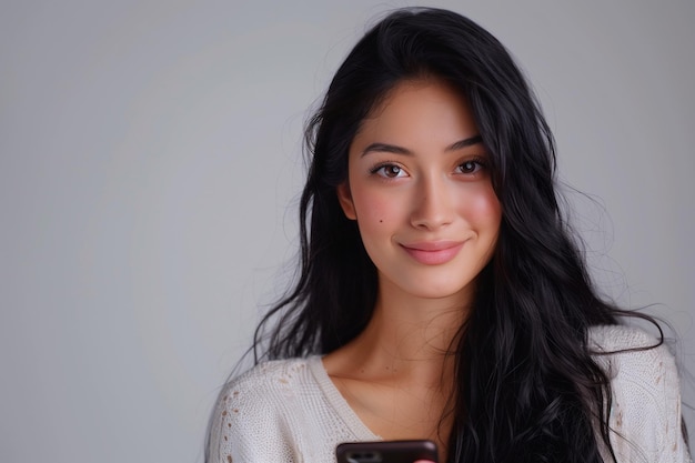 Photo indonesian woman with long black hair smiling happy looking at her phone in white background