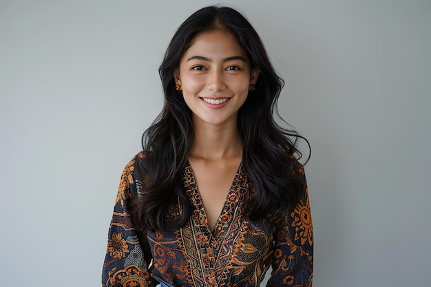 Photo an indonesian woman with long dark hair wearing batik kebaya and jeans skirt smiling at the camera