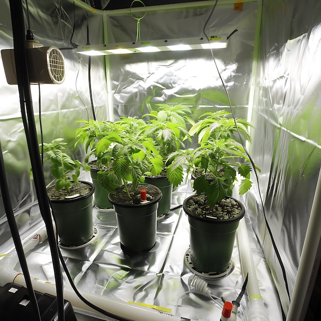 Photo indoor cannabis grow room with plants under artificial lights