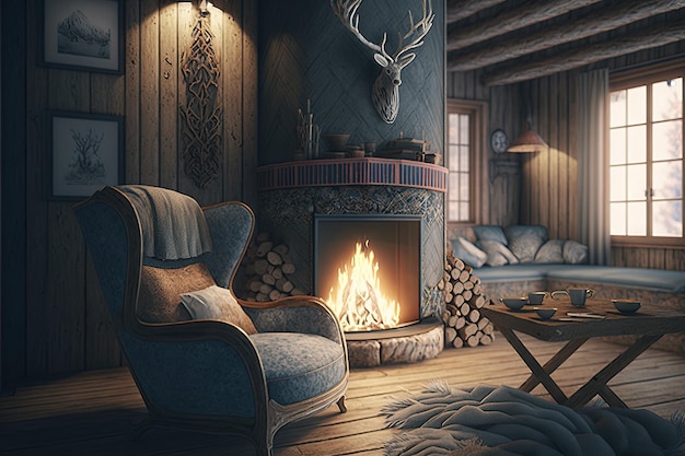 Indoor fireplace and comfy armchair in cozy chalet interior created with generative ai