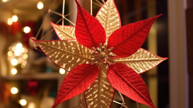 Indoor flower Christmas Star Poinsettia in a pot in the interior decor of the house