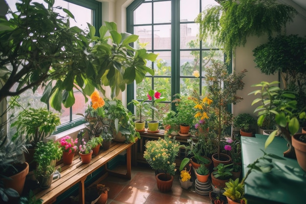 An indoor garden with lush plants and colorful blooms