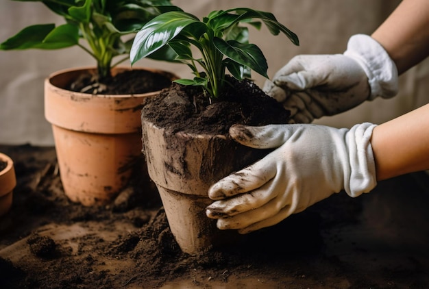 Indoor gardening repotting plants wearing white gloves