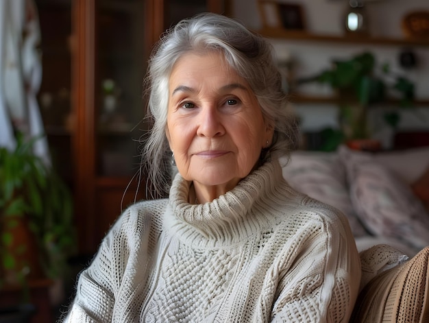 Photo indoor head shot portrait of serious positive old mature woman in casual looking at camera posing a